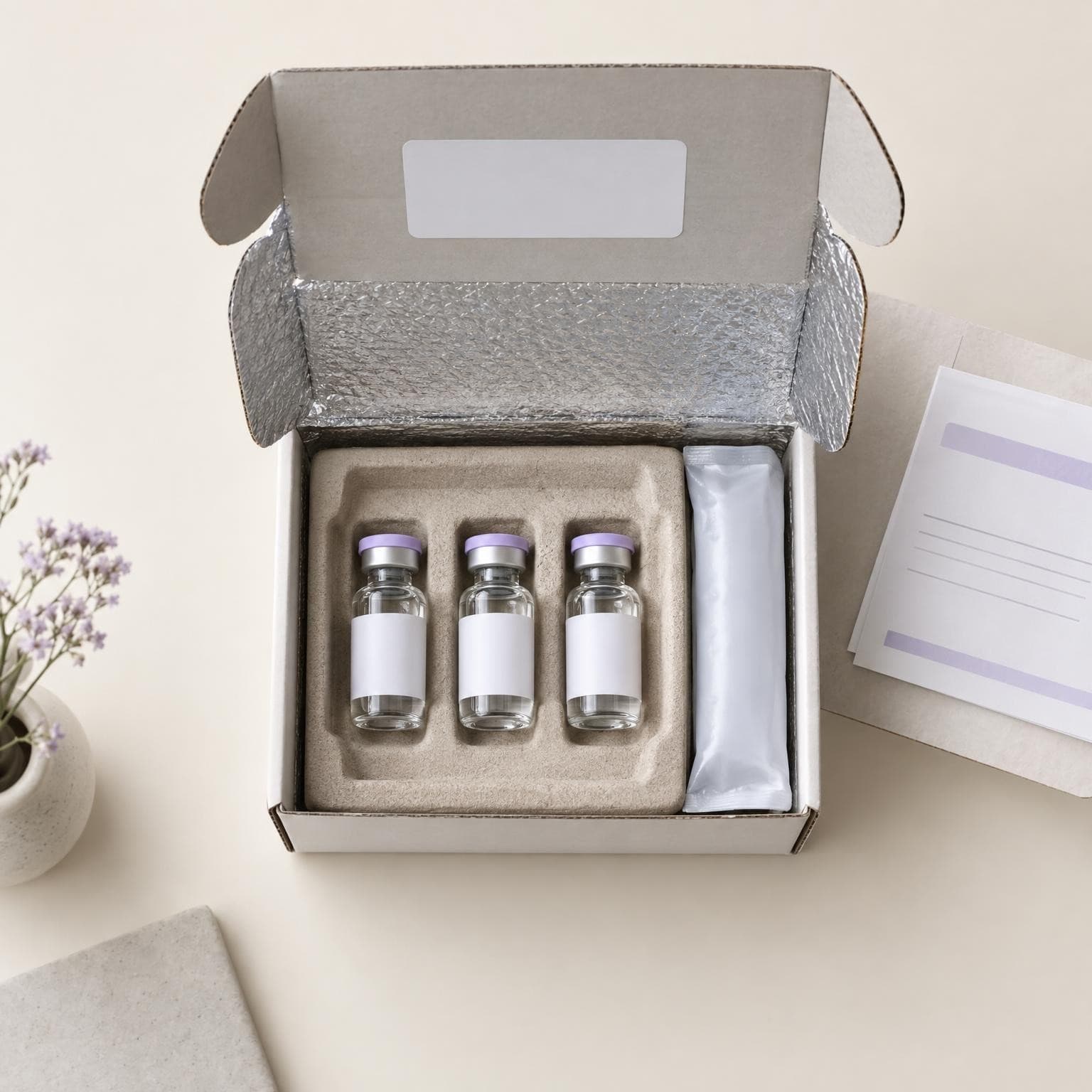 An insulated shipping box holding three vials, a cold pack and a packing slip