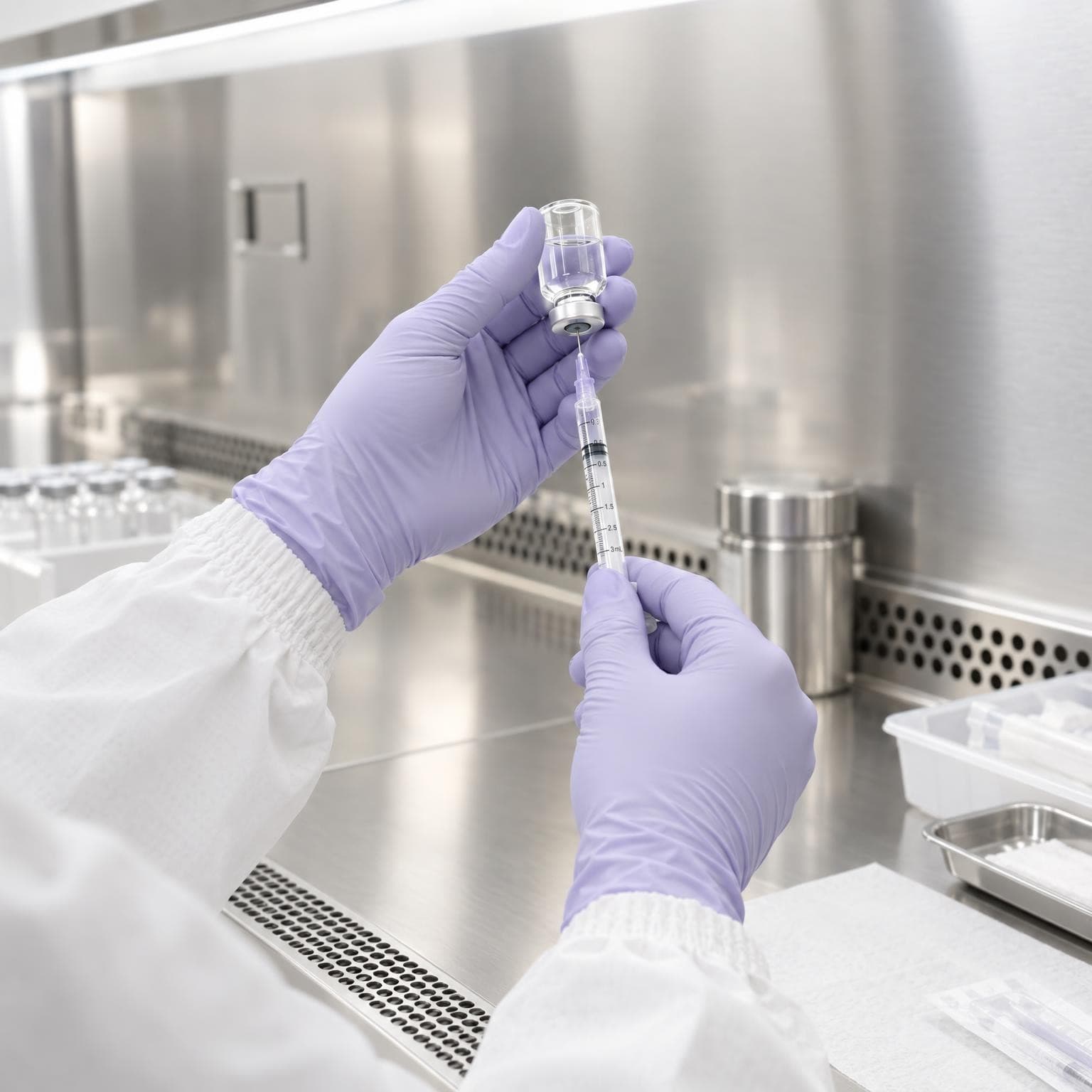 Gloved pharmacist hands drawing from a vial inside a laminar airflow hood