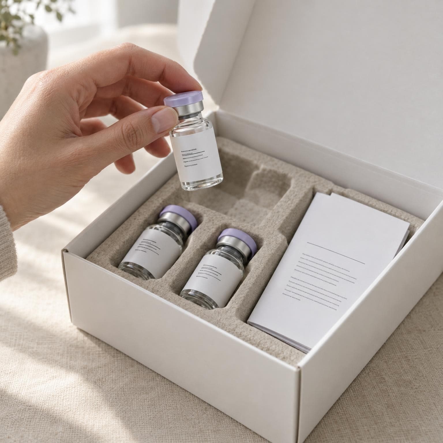 A hand lifting a lilac-capped vial from a white partner-branded shipping box